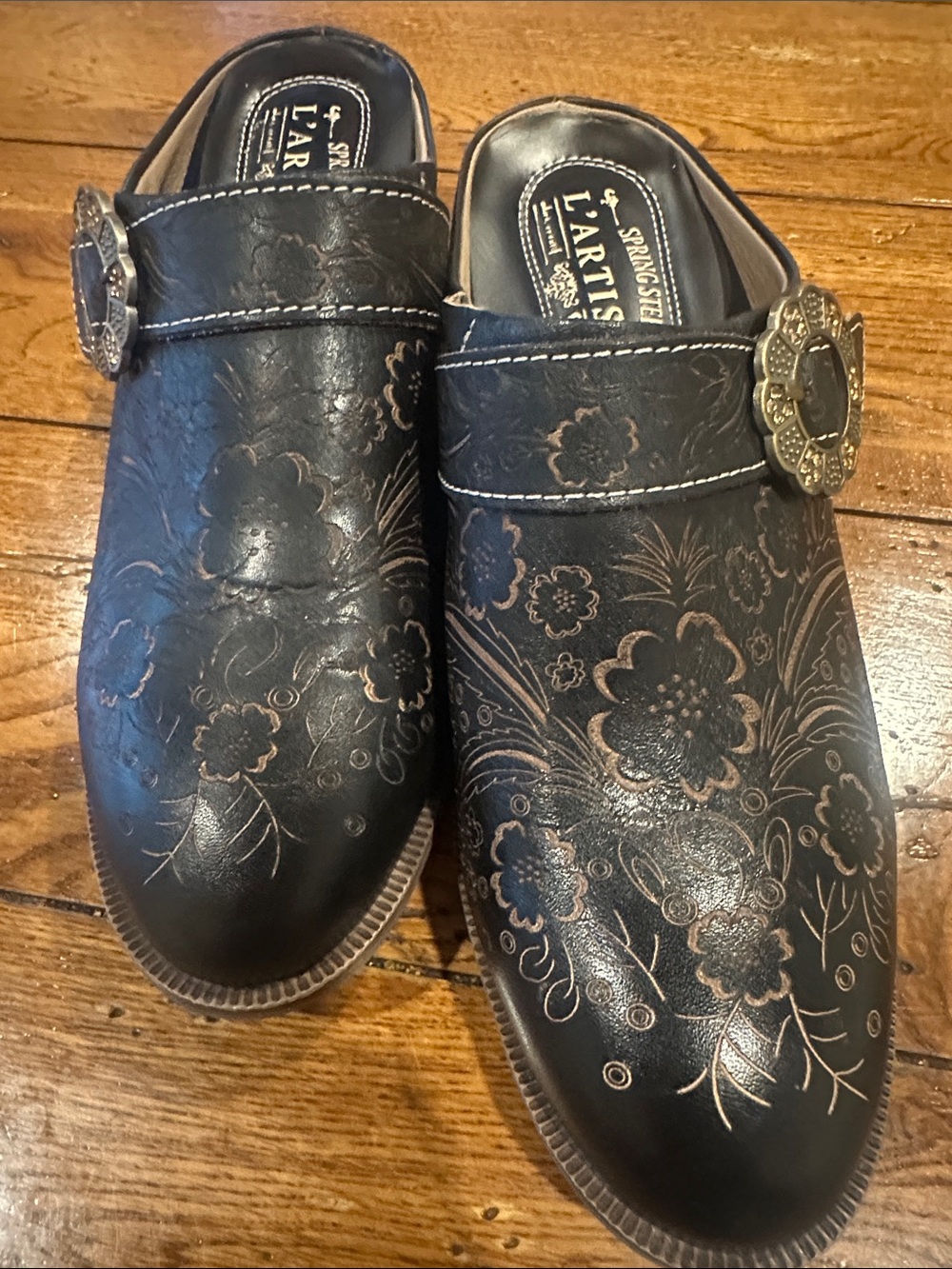 L'Artiste Spring Step Brown Hand Painted Floral Leather Clog Mule 7.5 Western
